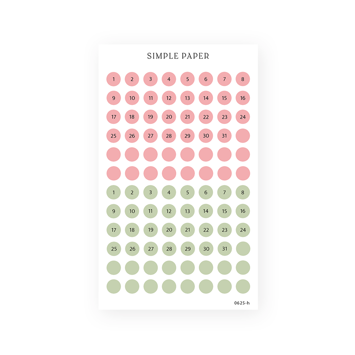 Pink and green date dot stickers numbered 1 to 31, plus blank dots, Sheet H