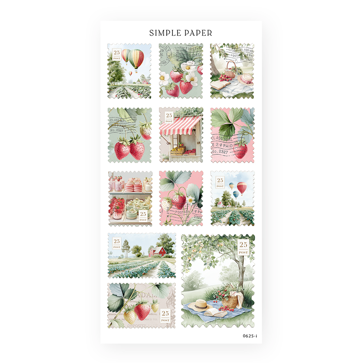 Postage stamp stickers with hot air balloons, a farm stand, and a picnic scene, Sheet I
