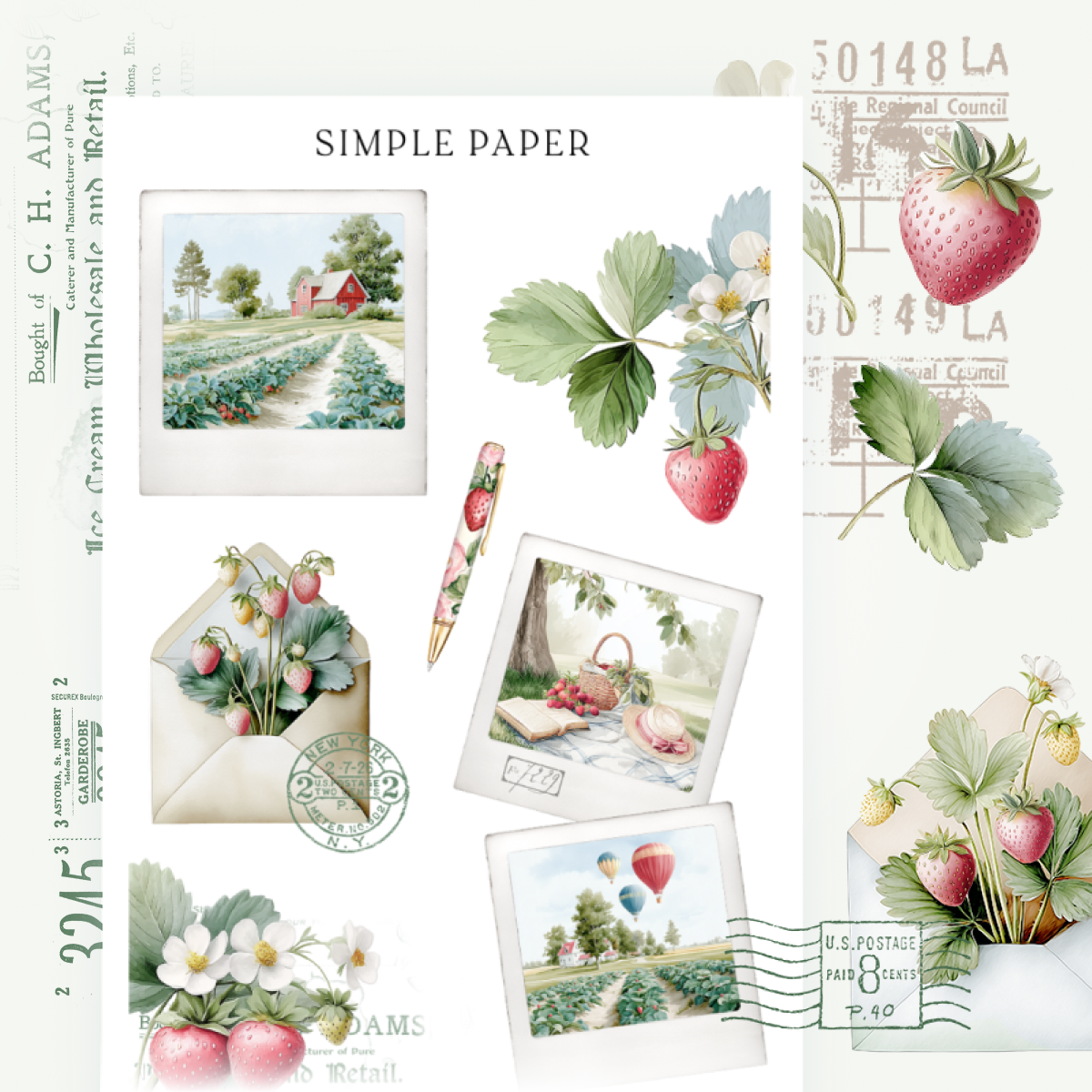Instant photo snapshot stickers of a farm field and picnic, with an envelope of strawberries, Sheet J