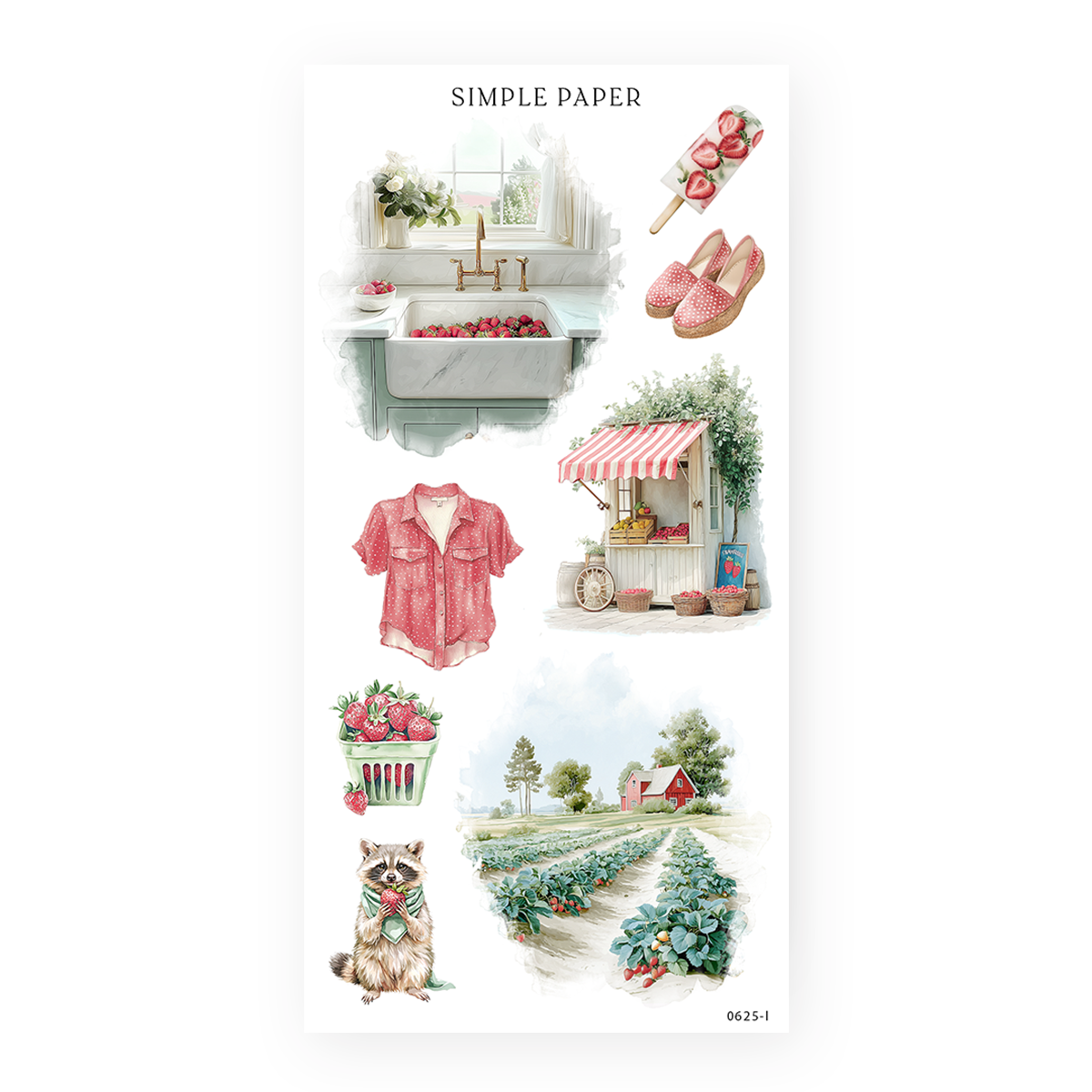 Cozy kitchen sink, berry popsicle, gingham shirt, strawberry market stand, raccoon with berry, scenic strawberry field — for cottagecore journaling