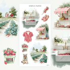 Rural summer illustrations including strawberry stalls, red farmhouses, berry baskets, and cozy countryside accents—storytelling stickers for planners