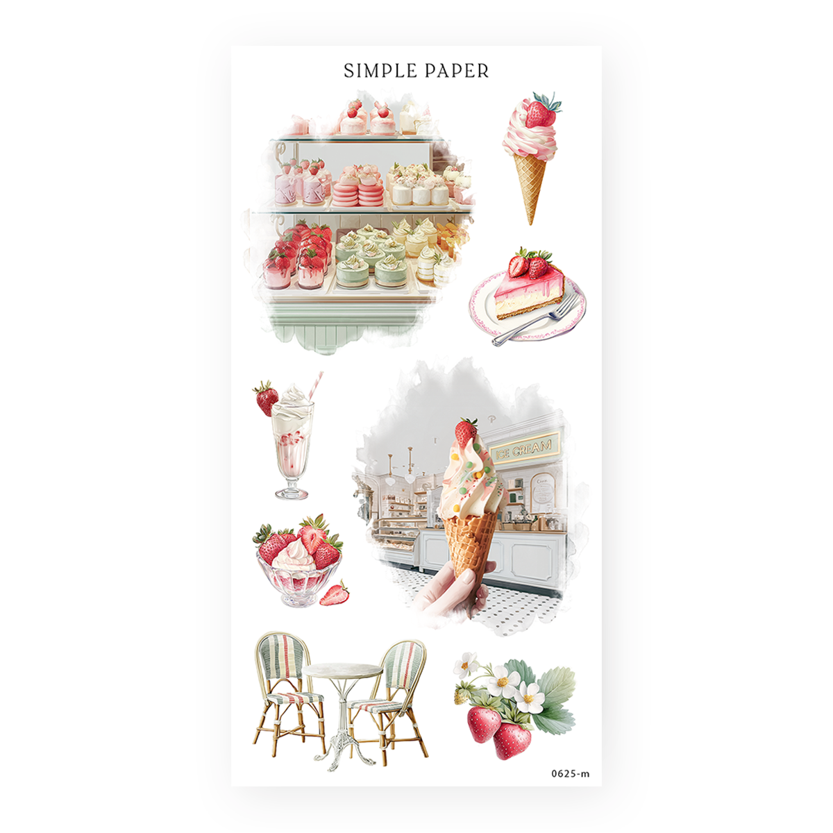Strawberry soft serve, bakery case, ice cream cones, cheesecake, sundae glass, cafe scene — perfect for food journaling & summer themes