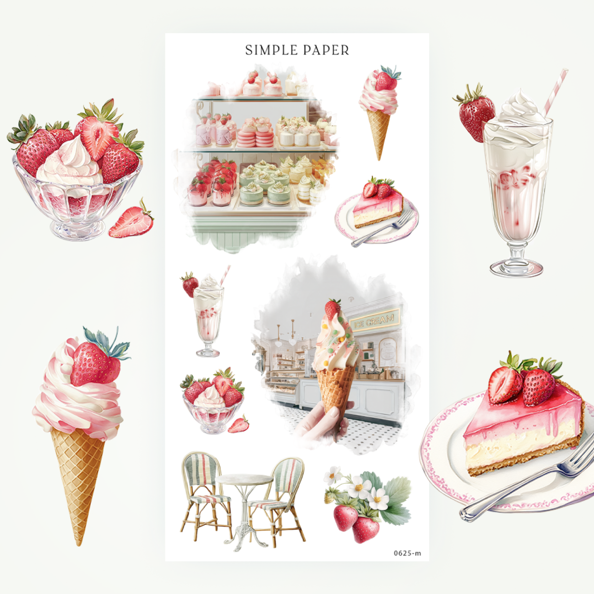 Ice cream shop stickers with soft serve cones, milkshakes, and cheesecake, Sheet M