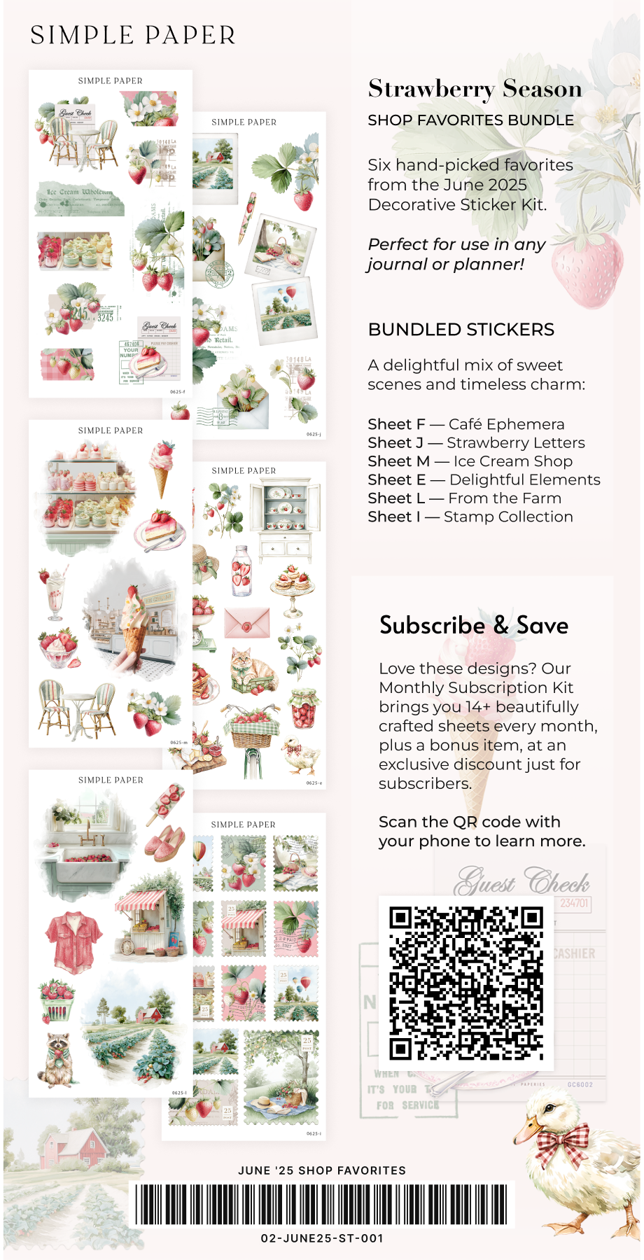 Strawberry Season Shop Favorites insert — six-sheet sticker preview, QR code, monthly subscription promo, journaling elements with duck illustration

