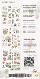 Strawberry Season Shop Favorites insert — six-sheet sticker preview, QR code, monthly subscription promo, journaling elements with duck illustration
