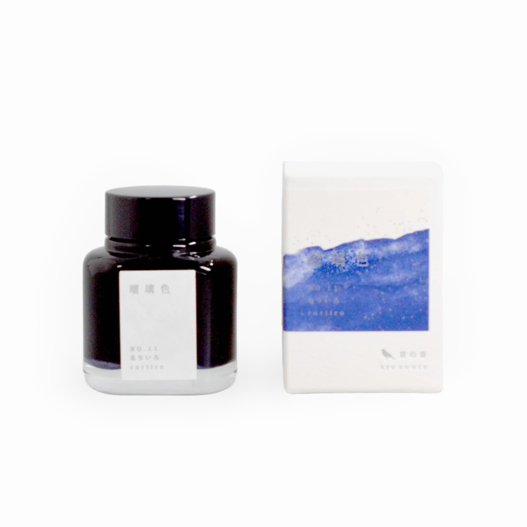 Tag Stationery Kyo No Oto Ink No. 11 Ruriiro, bottle with its box on a white background
