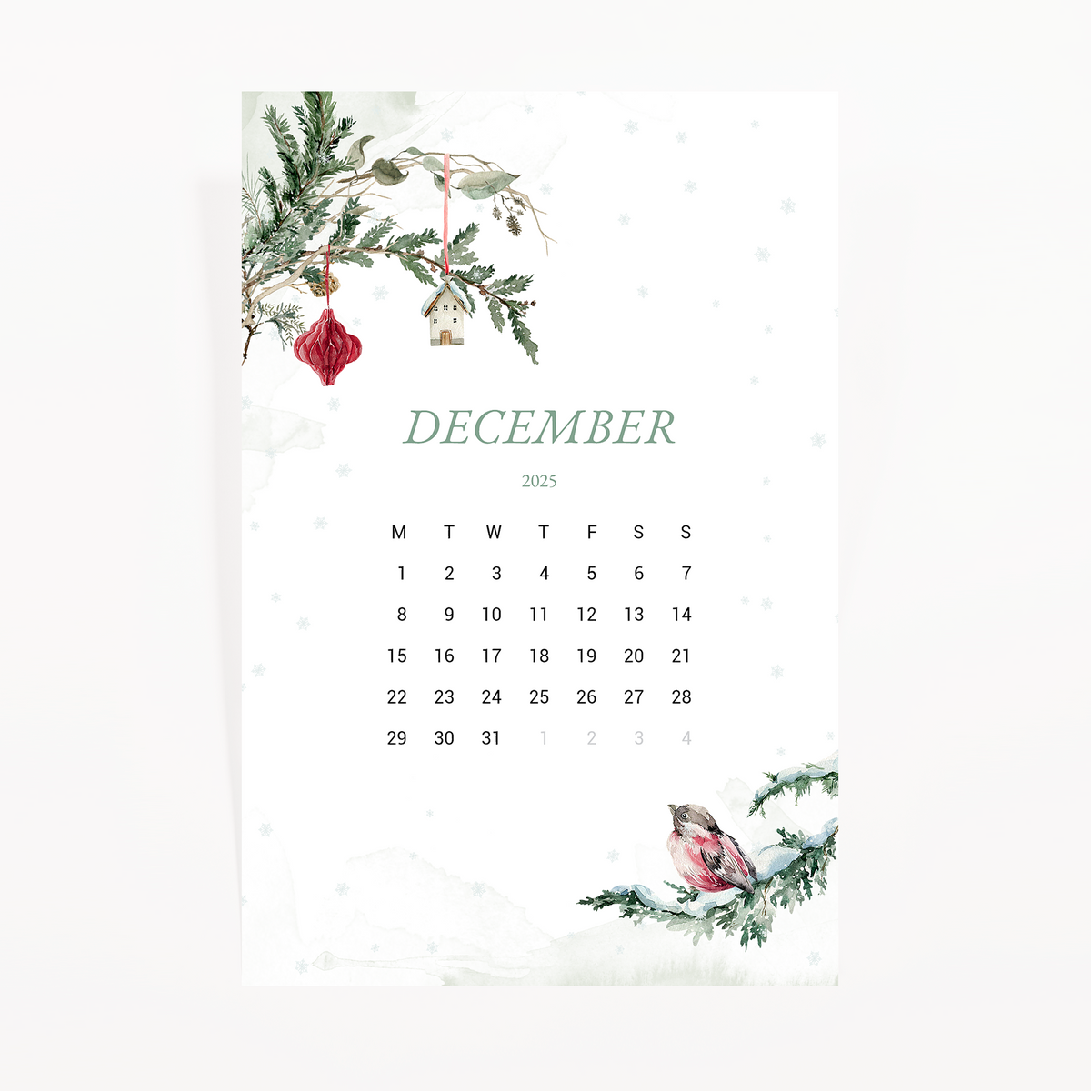 December 2025 calendar card with a snowy pine branch, a house charm and a bullfinch on snow