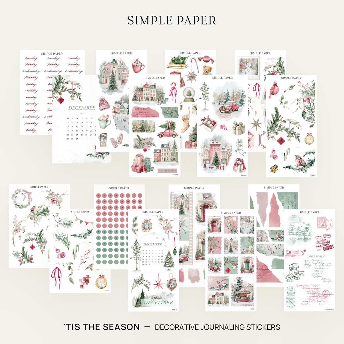 Full decorative journaling sticker kit with pastel villages, postage stamps, wreaths and date dots
