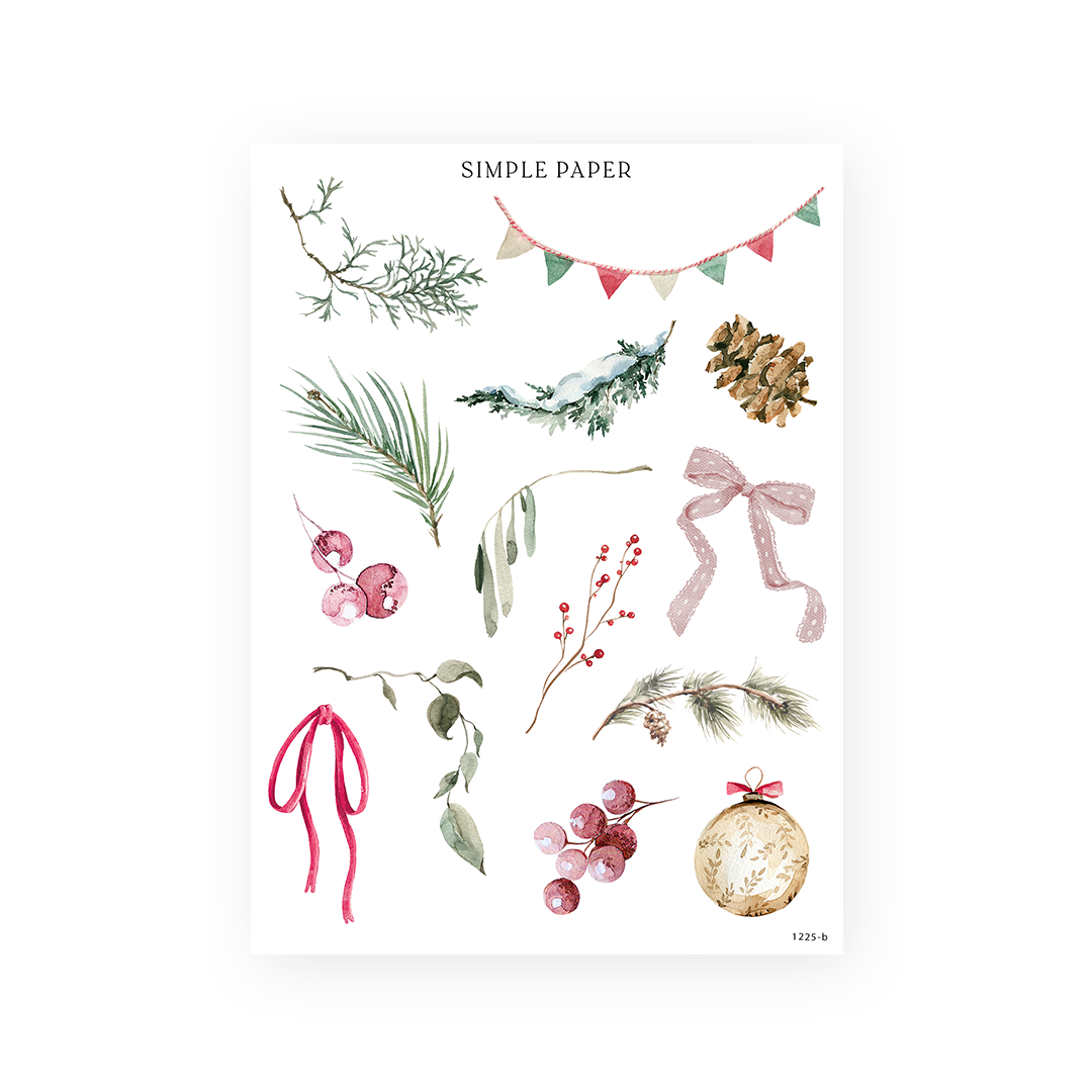Holiday greenery stickers with pine sprigs, a flag banner, berry clusters and ribbon bows, Sheet B