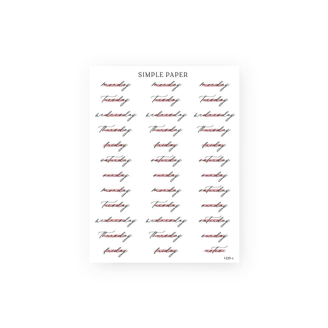 Cursive script days of the week planner stickers with a notes label, Sheet C