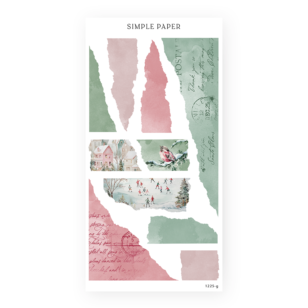 Torn paper stickers in sage and blush with a pastel village, a snow bird and a skating pond, Sheet G