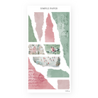 Torn paper stickers in sage and blush with a pastel village, a snow bird and a skating pond, Sheet G