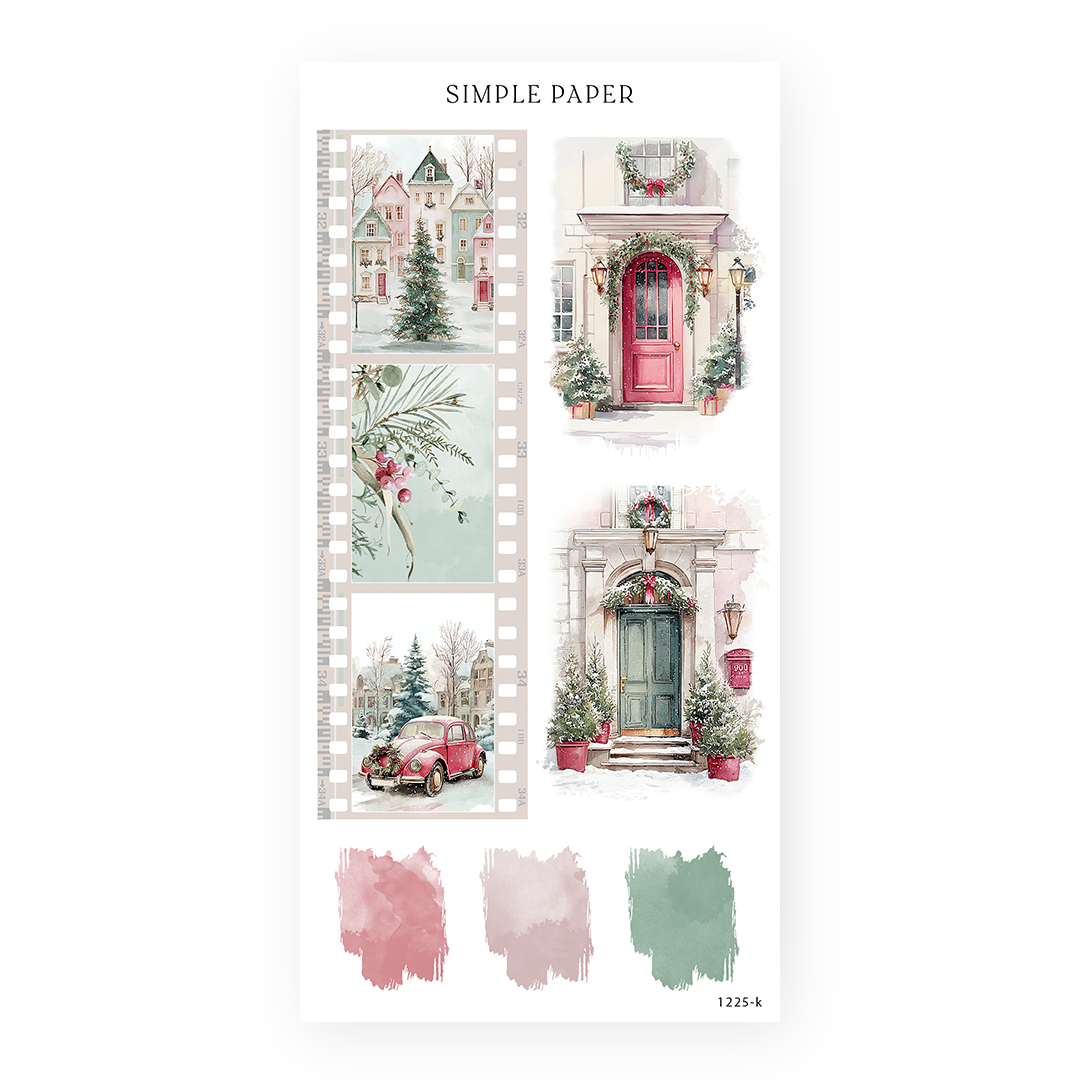 Filmstrip stickers with a snowy town, wreathed front doors and color swatches, Sheet K