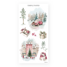 Winter stickers with a red vintage car, boxed ornaments, a town square tree and a plaid scarf, Sheet M