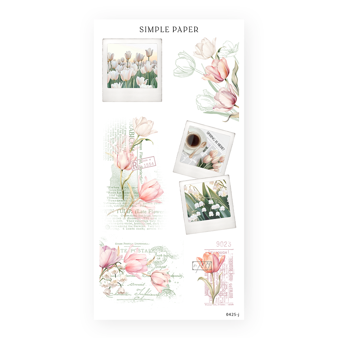 Vintage floral stickers with tulips, lilies of the valley and snapshot journaling frames, Tulip Memoirs Sheet J